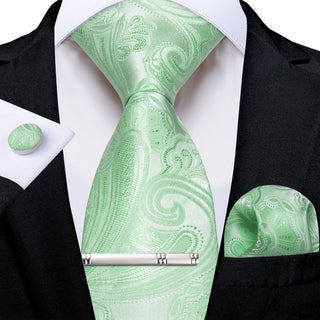 New Mint Green Floral Silk Necktie Pocket Square Cufflinks Set