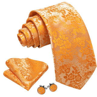 New Orange Floral Silk Men's Necktie Pocket Square Cufflinks Set