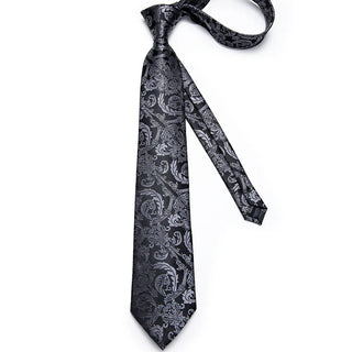 Black Grey Floral Silk Necktie Pocket Square Cufflinks Set