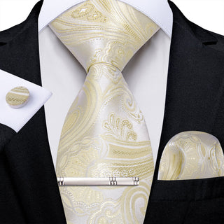New Champagne Floral Silk Necktie Pocket Square Cufflinks Set