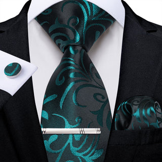 New Black Teal Floral Silk Men's Necktie Pocket Square Cufflinks Set