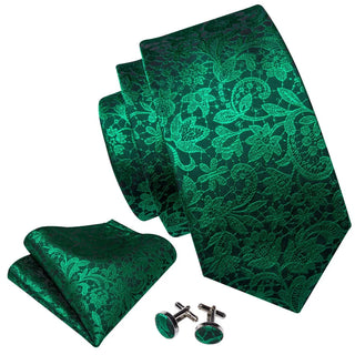 Fluorescent Green Floral Paisley Silk Men's Necktie Pocket Square Cufflinks Set