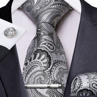 Grey Paisley Silk Necktie Pocket Square Cufflinks Set