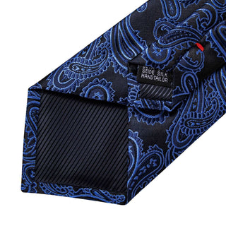 Blue Black Paisley Silk Necktie Pocket Square Cufflinks Set