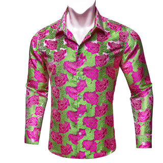 Pink Roses Light Green Silk Long Sleeve Shirt