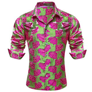 Pink Roses Light Green Silk Long Sleeve Shirt