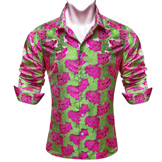Pink Roses Light Green Silk Long Sleeve Shirt