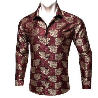 Burgundy Beige Roses Silk Long Sleeve Shirt