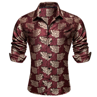 Burgundy Beige Roses Silk Long Sleeve Shirt
