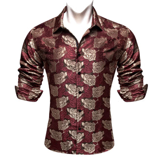 Burgundy Beige Roses Silk Long Sleeve Shirt