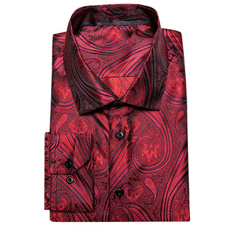 Burgundy Red Novelty Silk Long Sleeve Shirt