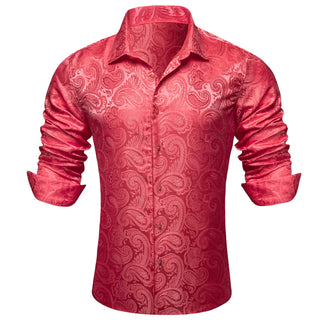 Brick Red Paisley Silk Long Sleeve Shirt