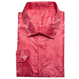 Brick Red Paisley Silk Long Sleeve Shirt