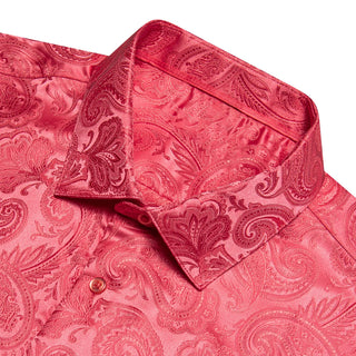 Brick Red Paisley Silk Long Sleeve Shirt