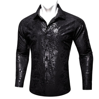 Dark Silver Grey Pattern Novelty Silk Long Sleeve Shirt