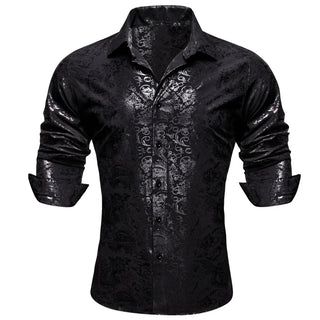 Dark Silver Grey Pattern Novelty Silk Long Sleeve Shirt