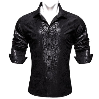 Dark Silver Grey Pattern Novelty Silk Long Sleeve Shirt