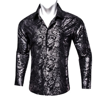 Black Silver Pattern Novelty Silk Long Sleeve Shirt