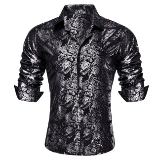 Black Silver Pattern Novelty Silk Long Sleeve Shirt