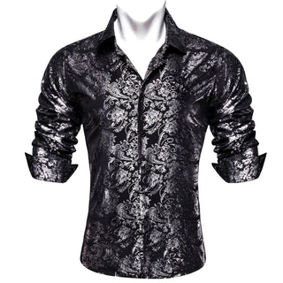 Black Silver Pattern Novelty Silk Long Sleeve Shirt