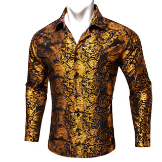 Gold Black Paisley Silk Long Sleeve Shirt