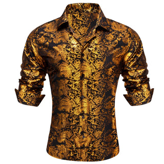Gold Black Paisley Silk Long Sleeve Shirt