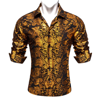 Gold Black Paisley Silk Long Sleeve Shirt