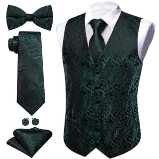 New Green Paisley Silk Men's Vest Pocket Square Cufflinks Tie Set Waistcoat Set