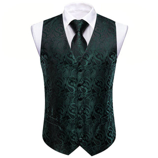 New Green Paisley Silk Men's Vest Pocket Square Cufflinks Tie Set Waistcoat Set