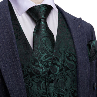 New Green Paisley Silk Men's Vest Pocket Square Cufflinks Tie Set Waistcoat Set