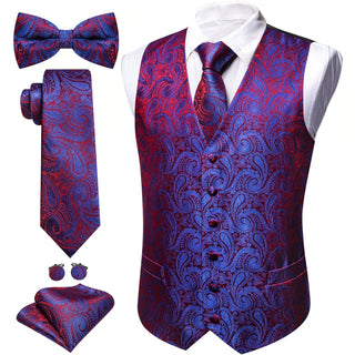 Blue Red Paisley Silk Men's Vest Pocket Square Cufflinks Tie Set Waistcoat Set