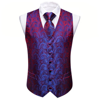 Blue Red Paisley Silk Men's Vest Pocket Square Cufflinks Tie Set Waistcoat Set