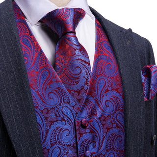Blue Red Paisley Silk Men's Vest Pocket Square Cufflinks Tie Set Waistcoat Set