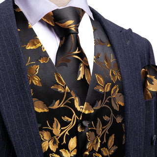 New Gold Floral Silk Men's Vest Pocket Square Cufflinks Tie Set Waistcoat Set