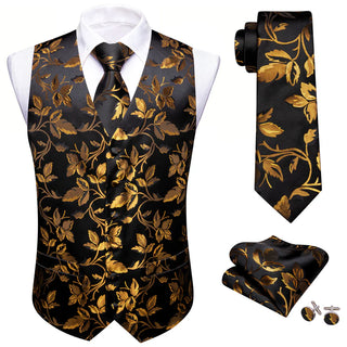 New Gold Floral Silk Men's Vest Pocket Square Cufflinks Tie Set Waistcoat Set