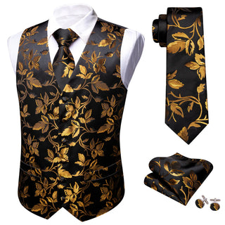 New Gold Floral Silk Men's Vest Pocket Square Cufflinks Tie Set Waistcoat Set