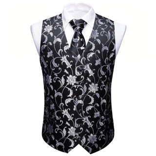 Grey Black Floral Silk Men's Vest Pocket Square Cufflinks Tie Set Waistcoat Set