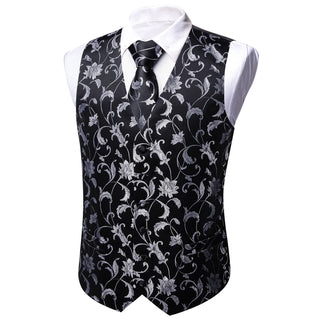 Grey Black Floral Silk Men's Vest Pocket Square Cufflinks Tie Set Waistcoat Set