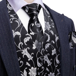 Grey Black Floral Silk Men's Vest Pocket Square Cufflinks Tie Set Waistcoat Set
