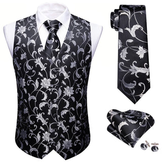 Grey Black Floral Silk Men's Vest Pocket Square Cufflinks Tie Set Waistcoat Set