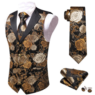Beige Golden Brown Floral V-neck Silk Men's Vest Pocket Square Cufflinks Tie Set Waistcoat Set