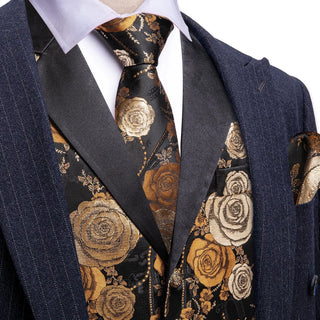 Beige Golden Brown Floral V-neck Silk Men's Vest Pocket Square Cufflinks Tie Set Waistcoat Set
