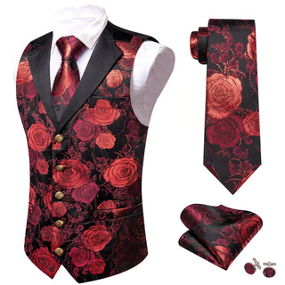 Black Red Floral V-neck Silk Men's Vest Pocket Square Cufflinks Tie Set Waistcoat Set