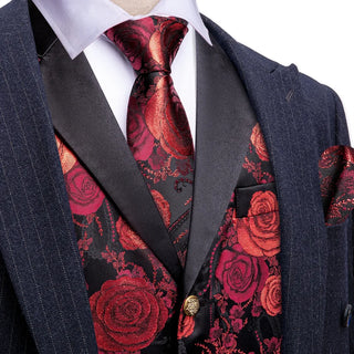 Black Red Floral V-neck Silk Men's Vest Pocket Square Cufflinks Tie Set Waistcoat Set