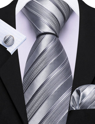 Silver Striped  Silk Men's Necktie Pocket Square Cufflinks Set