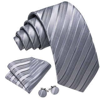 Silver Striped  Silk Men's Necktie Pocket Square Cufflinks Set
