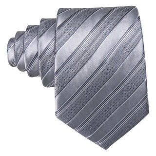 Silver Striped  Silk Men's Necktie Pocket Square Cufflinks Set