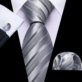 Silver Striped  Silk Men's Necktie Pocket Square Cufflinks Set