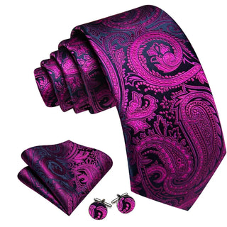 Blue Purple Paisley Silk Men's Necktie Pocket Square Cufflinks Set