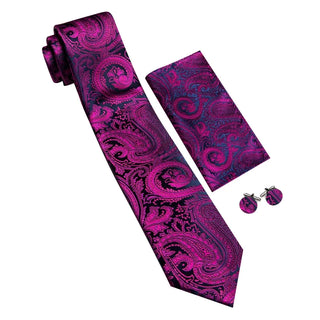 Blue Purple Paisley Silk Men's Necktie Pocket Square Cufflinks Set